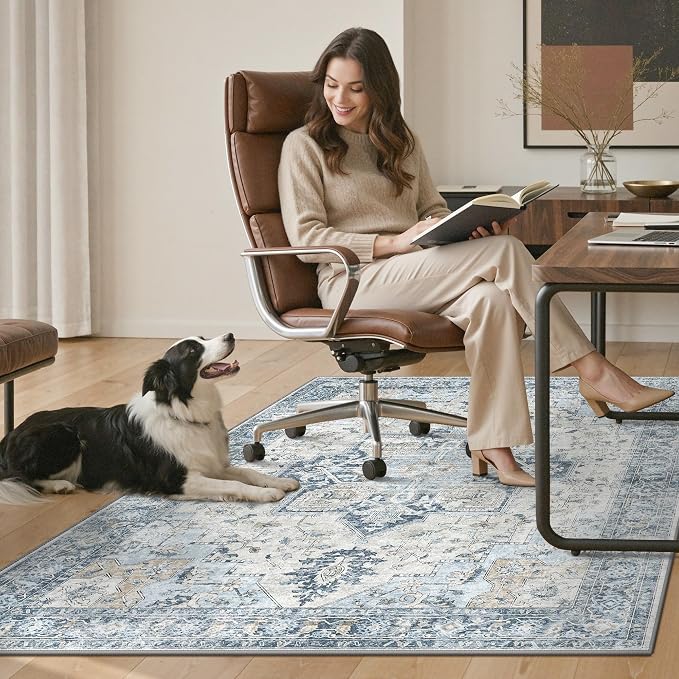 36"x48" Office Chair Mat for Hardwood Tile Floor, Under Desk Carpet Protector for Rolling Computer Chair Mat, Machine Washable Area Rug, Anti-Slip 1/5" Thick Low Pile Thin Vinyl Floor Mat, Blue