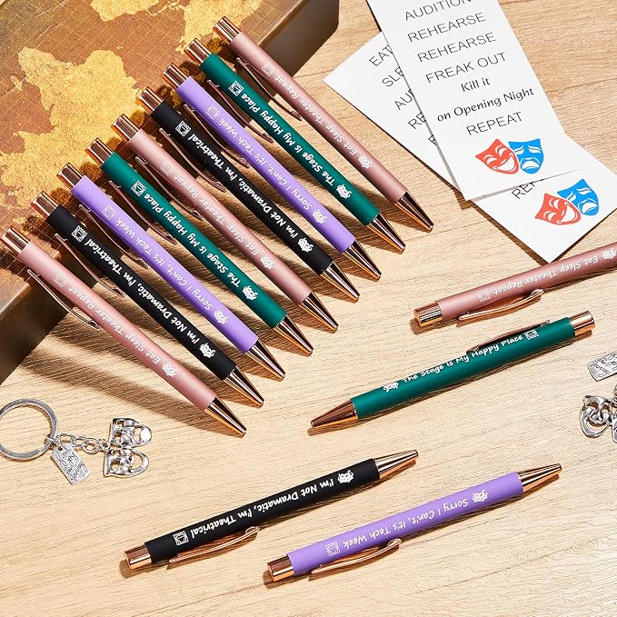 Sayglossy 24 Set Theater Gifts Drama Mask Keychain Ballpoint Pen with Quotes Comedy Tragedy Mask Theatre Keychain Performer Theatre Lover Gift for Women Men Friends Actors Drama Students Reward