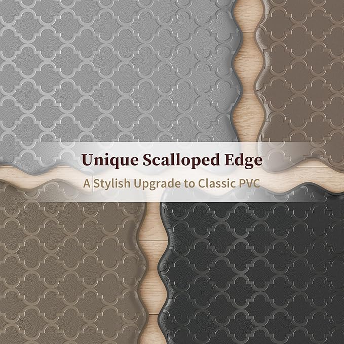 Upgrade Scalloped Embossed Kitchen Mats for Floor 2PCS Cushioned Anti Fatigue Waterproof Foam Kitchen Rugs Non Slip Washable Comfort Standing Mat for Sink Laundry, 17.3"x30"+17.3"x59", Black