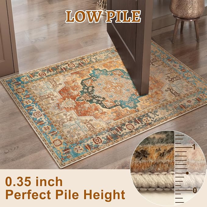 Tangsoo Oriental 3x5 Area Rug, Washable Vintage Rugs Indoor Non Slip Accent Rugs, Print Distressed Carpet, Boho Soft Low Pile Rug for Living Room Dorm Bedroom Bedside Entryway Bathroom Orange