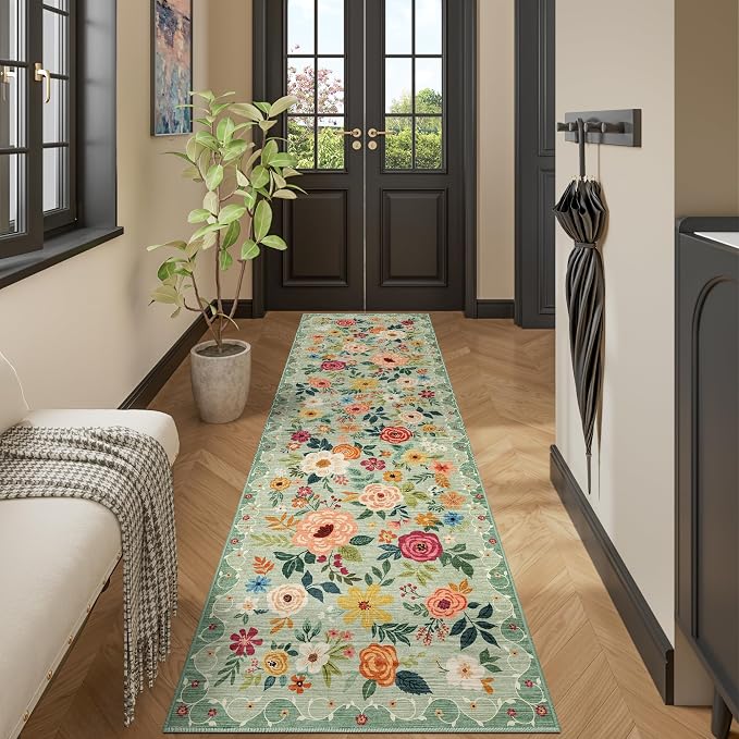 DUKINO 2.6x12 Kitchen Runner Rug, Lightweight Floral Washable Rug for Hallway, Boho Low Pile & Non Slip Backing Soft Floor Carpet for Entryway, Bedroom, Bathroom, Laundry, Green