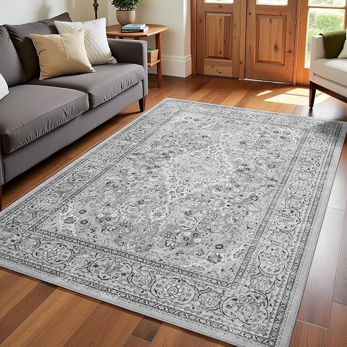 Grey Washable Boho Area Rug for Bedroom, 3x5 Vintage Floral Non Slip Rugs, Soft Low Pile Indoor Mat, Aesthetic Pattern Carpet for Living Room, Kitchen, Dining Room and Bedside