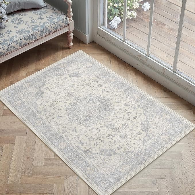 PureCozy 2x3 Area Rug Washable Neutral Gray Vintage Entryway Carpet Non Slip Low Pile Soft Door Mat Indoor Entrance Floral Small Grey Throw Rug for Bathroom Bedroom Office Laundry Kitchen