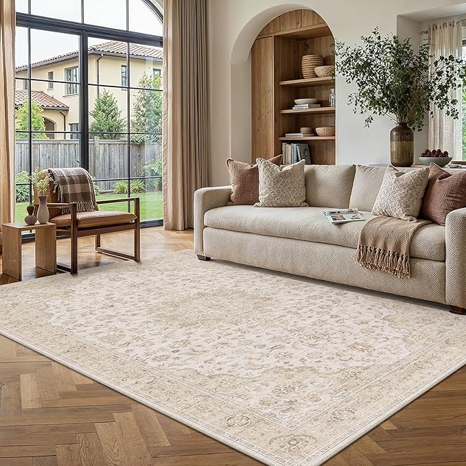 PureCozy 5x7 Area Rug Washable Neutral Beige Brown Living Room Bedroom Vintage Carpet Non Slip Low Pile Soft Floral Indoor Throw Rug for Dining Room Kitchen Office