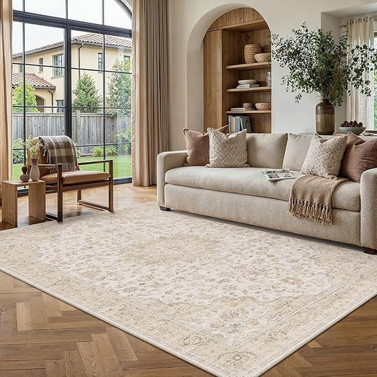 PureCozy 5x7 Area Rug Washable Neutral Beige Brown Living Room Bedroom Vintage Carpet Non Slip Low Pile Soft Floral Indoor Throw Rug for Dining Room Kitchen Office