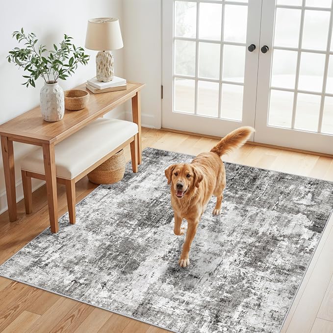 5x5 Square Entryway Rug Washable – Non-Slip Small Area Rug for Kitchen or Bathroom, Soft Low-Pile Indoor Mat, Modern Abstract Thin Door Carpet (Grey)