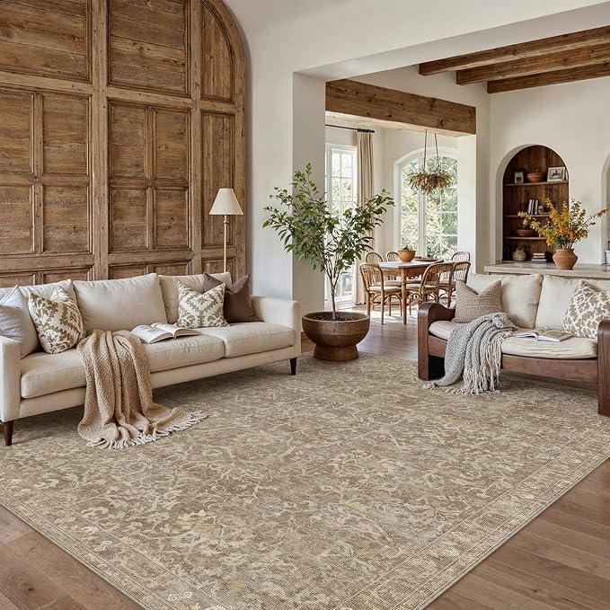 HUGEAR Area Rug 6x9 Light Brown Machine Washable Living Room Rugs Distressed Vintage Floral Vacuumable Low Pile Carpet Bedroom Office Dining Room Laundry Room Non Slip Soft Lightweight