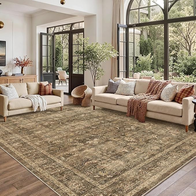 9x12 Brown Washable Area Rugs for Living Room Non Slip Low Pile Vintage Boho Throw Rug Soft Retro Distressed Floral Large Carpet Indoor Farmhouse Decor for Bedroom Dining Room Office Kitchen Playroom