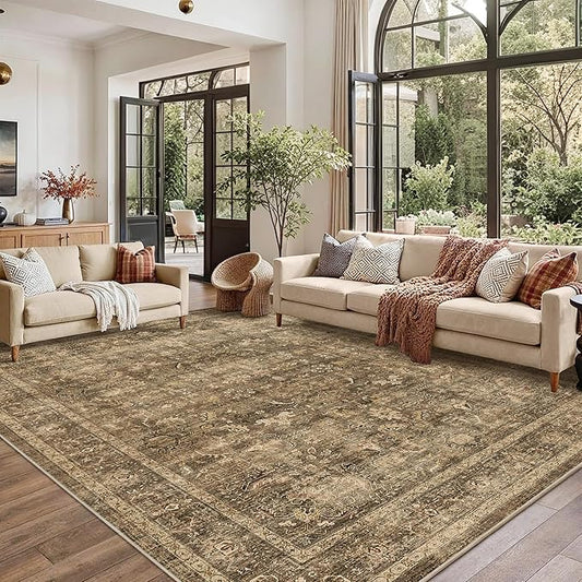 9x12 Brown Washable Area Rugs for Living Room Non Slip Low Pile Vintage Boho Throw Rug Soft Retro Distressed Floral Large Carpet Indoor Farmhouse Decor for Bedroom Dining Room Office Kitchen Playroom