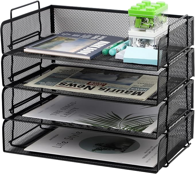4 Pack Stackable Desk Paper Tray, Metal Mesh Desktop Document Letter File Organizer for Office Home School, 13.5'' L x 9.75'' W x 11'' H, Black