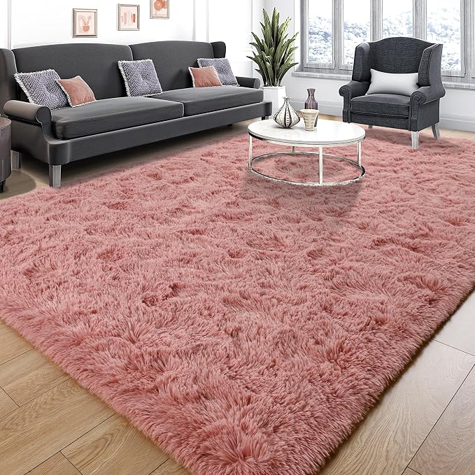 Tepook Blush Pink Area Rugs for Living Room Girls Bedroom, 5x8 Fluffy Shaggy Dusty Pink Rug for Kids Room Playroom, Plush Shag Non-Slip Carpet for Nursery Dorm Classroom, Cute Rose Beige Rug