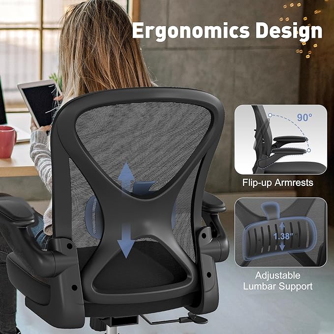 Ergonomic Office Chair with Adjustable Lumbar Support, 300 lbs Swivel Desk Chair with Flip-Up Arms, Mesh Comfy Padded Seat for Computer and Home, Black