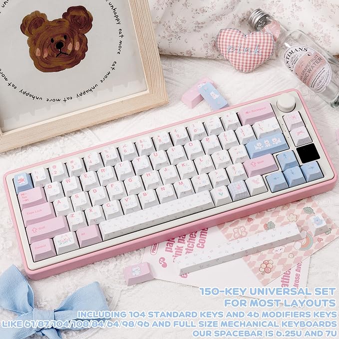 PBT Japanese Keycaps, Pink White Keycap, Floral Prints Custom Keycap Set 145 Full Keys, Cute Keycaps, Cherry Profile Keyboard Key Cap for Cherry Gateron MX Switches Mechanical Keyboard