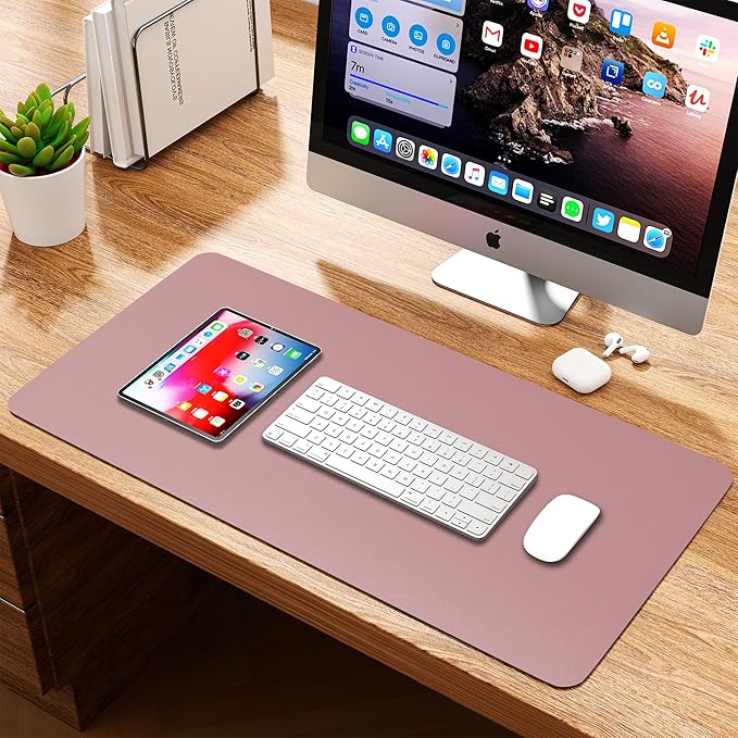 WAYBER Leather Desk Pad Protector, Waterproof Mouse Pad, PU Desk Mat, Office Desk Cover, Desk Writing Mat for Office/Home/Work/Cubicle (Purple/Pink) 31.5x15.7in