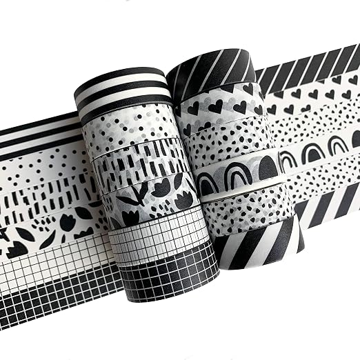 Washi Tape Set of 12 Rolls of 15 mm Wide Cute Decorative Washi Tape for Journaling, Scrapbook, Washy Crafts, Bullet Journals, Planners, DIY Décor, Craft Supplies For Adults & Kids (Black and White)