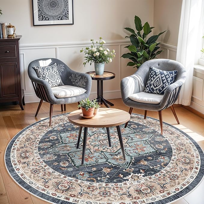TOPRUUG Washable Oriental Area Rug - 8ft Round Rugs for Living Room Soft Carpet for Bedroom Waterproof Floral Distressed Indoor Stain Resistant Non-Shedding Floor Carpets (Blue/Teal/Orange, 8ft-Round)