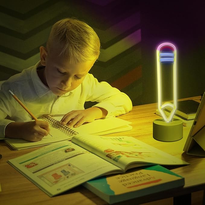 Lumoonosity Pencil LED Neon Signs - Desk/Table Classroom Lamp with Stand for Bedroom, Study Room, Game Room - USB/Battery Powered Pencil Neon Lights - Back to School Classroom Lights for Teachers