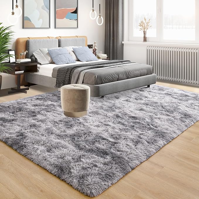 Tepook Area Rugs 9x12 for Living Room, Super Soft Fluffy Rugs for Bedroom, Modern Shaggy Rug Fuzzy Carpets for Kids, Plush Indoor Nursery Home Decor Rug with Non-Slip Bottom, Tie-Dyed Light Grey