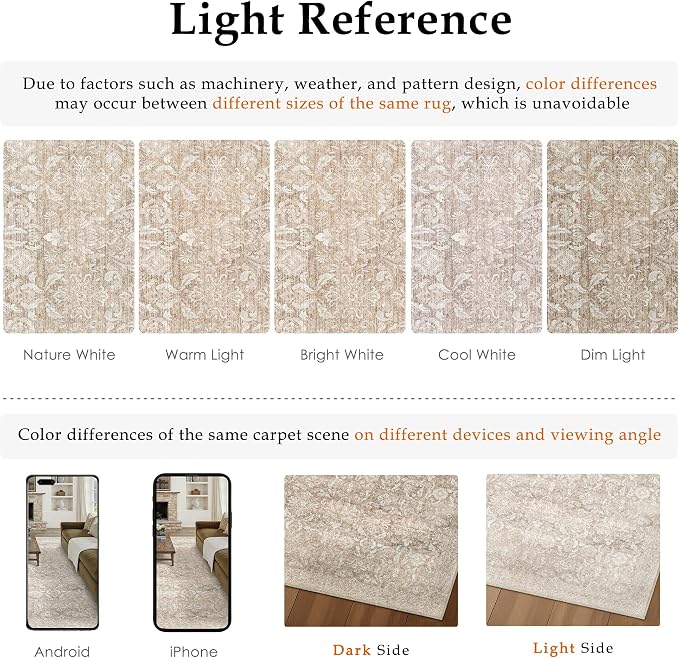 PureCozy 8x10 Area Rugs Washable Beige Living Room Bedroom Vintage Carpet Indoor Large Non Slip Soft Low Pile Thin Rug Retro Accent Office Dining Room Home Office Rug