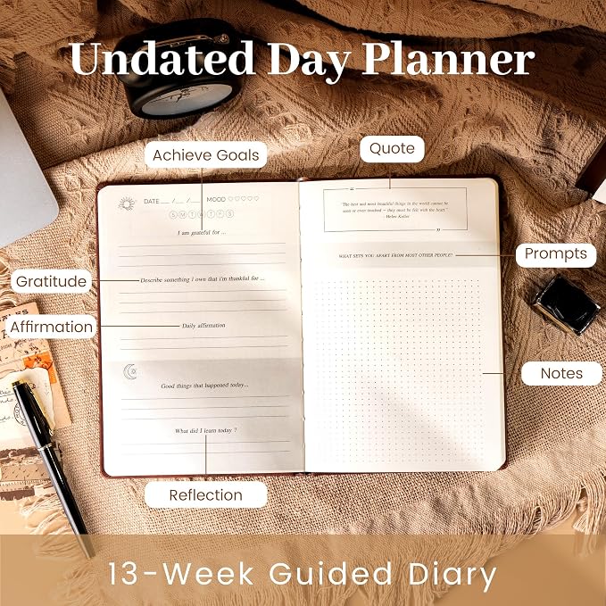 Yoment Gratitude Journal for Men 13-Week Guided Productivity 5 Minute Daily Journal with Prompts for Mindfulness, Mental Health & Productivity - Guided Self Care Gift, Brown