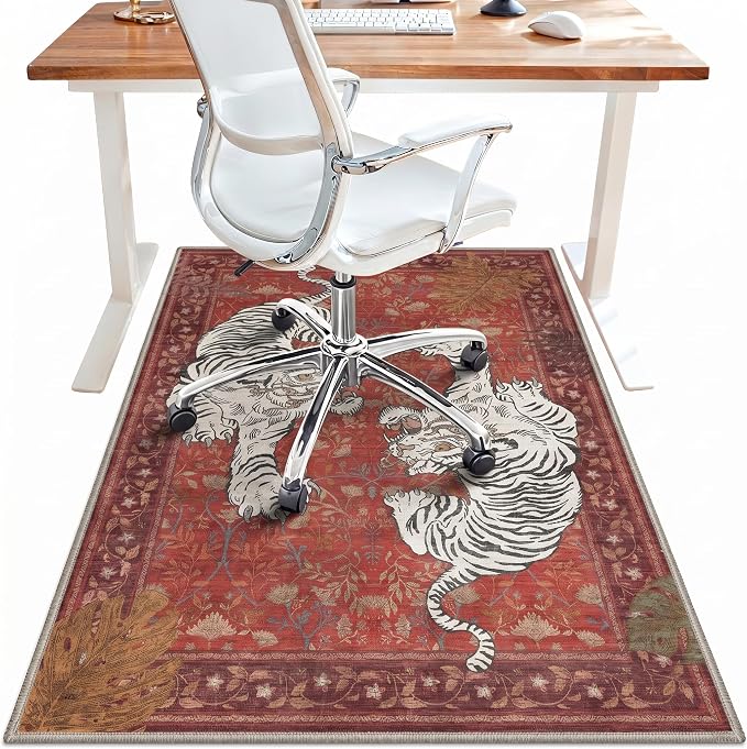 48"x72" Office Chair Mat for Hardwood Tile Floor, Under Desk Carpet Protector for Rolling Computer Chair Mat, Machine Washable Area Rug, Anti-Slip 1/5" Thick Low Pile Thin Vinyl Floor Mat, Rust Red