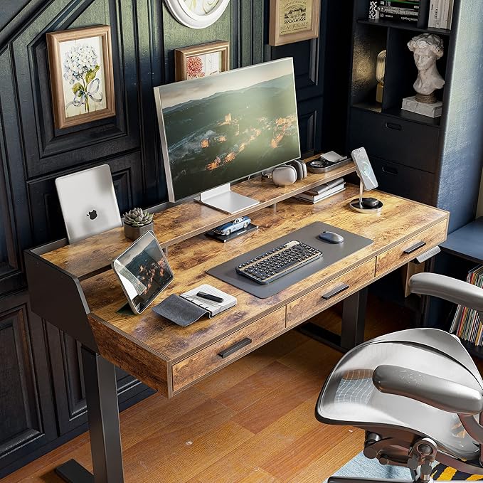 CubiCubi Standing Desk 48x26 Inches with 3 Wood Drawers and Monitor Shelf, Ergonomic Rising Home Office Desks, Height Adjustable Computer Desk, Sit Stand Up Electric Workstation Table, Rustic Brown