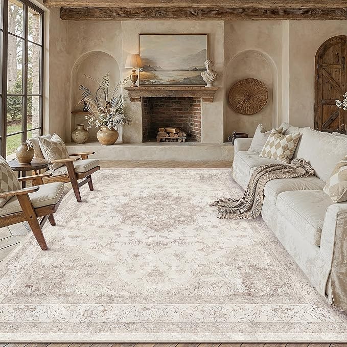 PureCozy Beige Area Rug 8x10 Washable Vintage Carpet for Living Room Bedroom Large Soft Retro Low Pile Thin Indoor Rug Non Slip Oriental Medallion Floor Cover for Dining Room Office