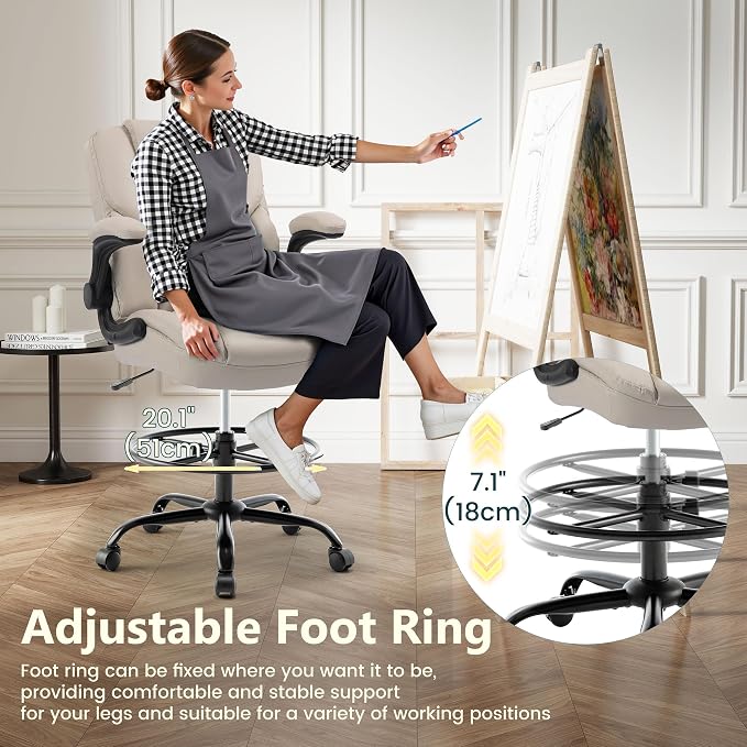 Drafting Chair 500Lbs, Tall Office Chair for Standing Desk, High PU Leather Executive Office Chair with Flip-up Armrests, Ergonomic High Chair with Adjustable Foot Ring, Comfy Stool Chairs, Beige