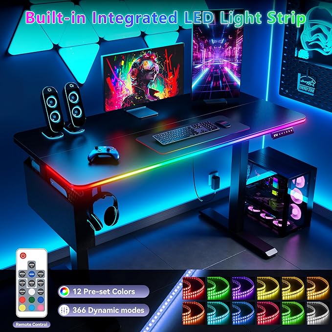 Electric Standing Desk, 48x24" Adjustable Height Computer Desk, with 3 Memory Presets, RGB Lights, Overheating&Overvoltage Protection, for Home Work, Study and Gaming, Small Spaces, Modern Furniture