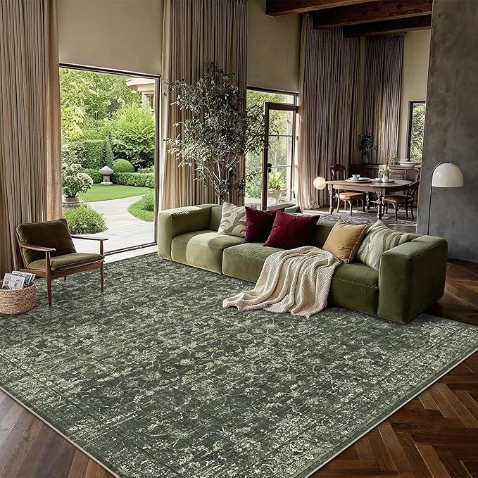 10x12 Green Washable Area Rugs for Living Room Vintage Boho Non Slip Large Rug Distressed Floral Carpet Indoor Retro Soft Low Pile Farmhouse Throw Rug for Bedroom Dining Nursery Office