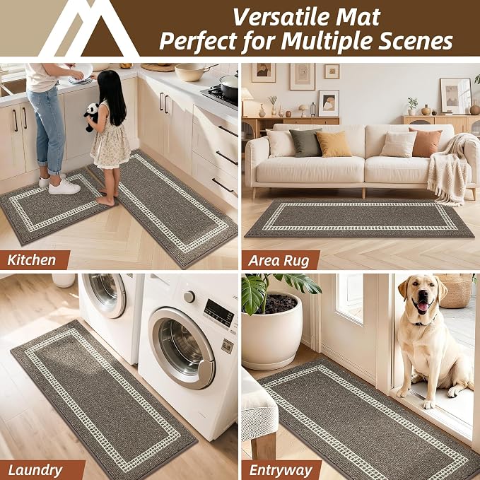 COSY HOMEER Kitchen Rugs Sets 2PCS,Non-Slip Washable Kitchen Mats for Floor,Absorbent and Stain Resistant Kitchen Runner Rugs for Kitchen Sink Laundry Entryway,24"x35"+24"x60",Brown