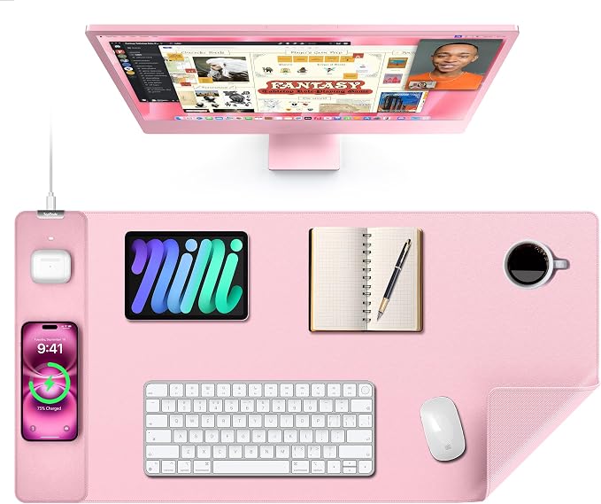 TopMade Mouse Pad with 15W Wireless Charging, XXL Large Leather Desk Mat, Waterproof Gaming Mousepad Home Office Desk Pad Protector, Computer Keyboard Pad, Mouse Mat for MacBook, PC, Laptop, Pink