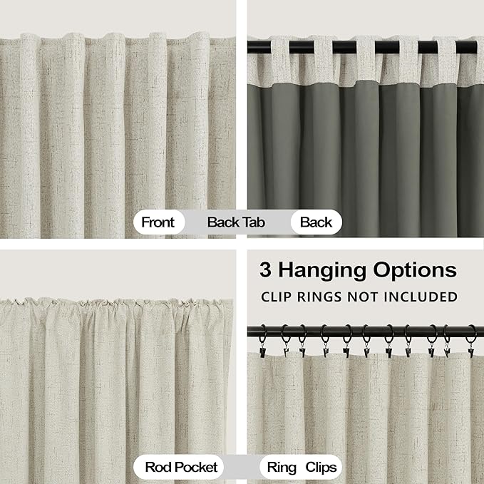 KOUFALL Natural Back Tab Linen Blackout Curtains for Living Room 52 by 54 Inch Length