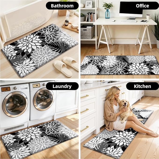 Arenarug Kitchen Mats for Floor 2PCS Cushioned Anti Fatigue Kitchen Mats Waterproof Non Slip Kitchen Mat Rug Set Comfort Foam Standing Mat for Sink, Laundry, Office, 24"x39"+24"x59", Black White