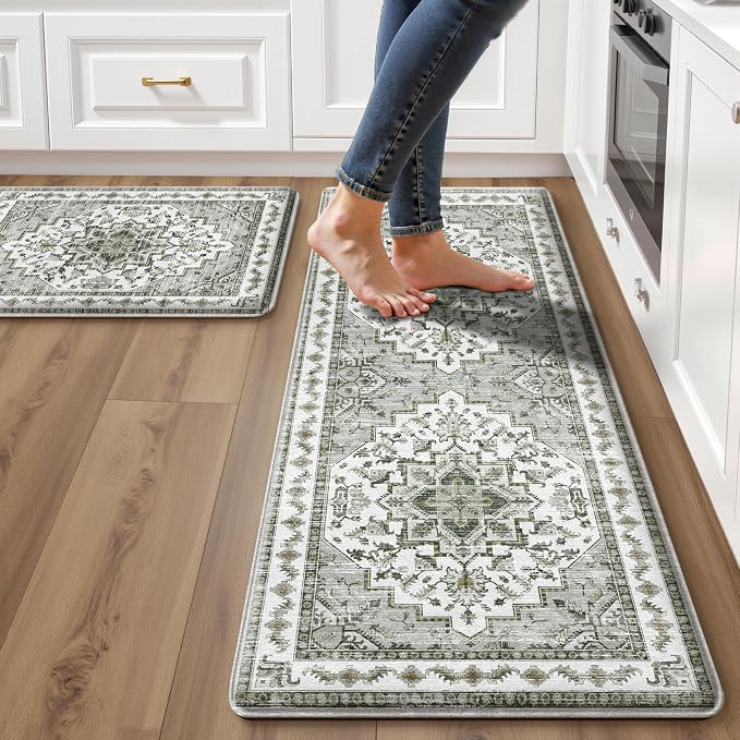 Boho Kitchen Mats for Floor 2 Piece Set Anti Fatigue Cushioned PVC Kitchen Rugs Non Slip Waterproof Farmhouse Mats 2/5 Inch Comfort Standing Mat for Laundry, 17.3"x47"+17.3"x28", Grey