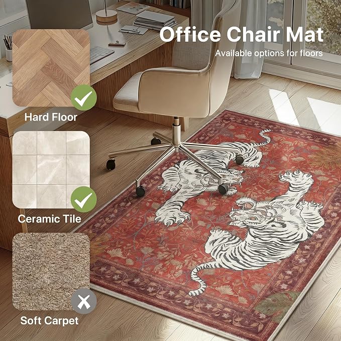 36"x48" Office Chair Mat for Hardwood Tile Floor, Under Desk Carpet Protector for Rolling Computer Chair Mat, Machine Washable Area Rug, Anti-Slip 1/5" Thick Low Pile Thin Vinyl Floor Mat, Rust Red