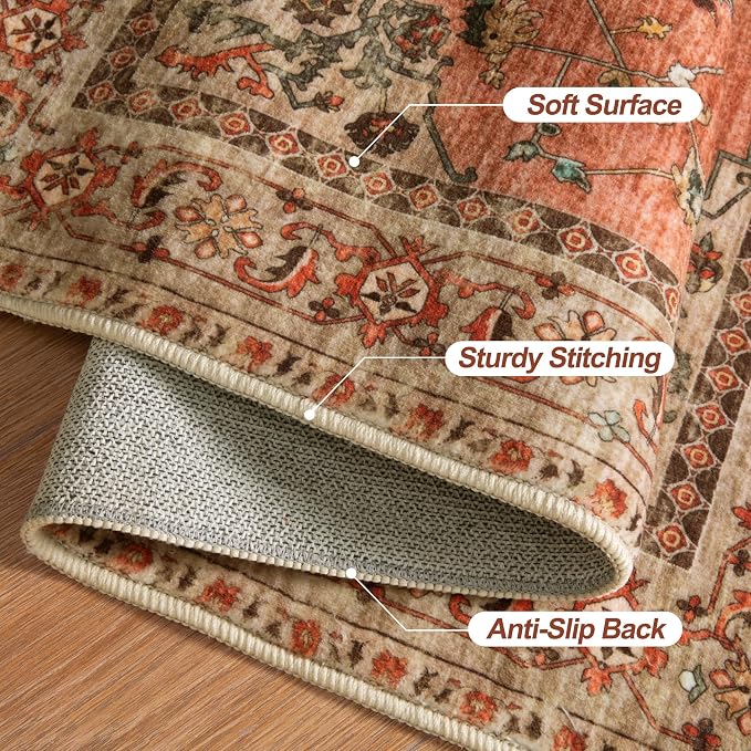 Tangsoo Boho 10x12 Area Rug for Living Room, Washable Vintage Rug Indoor Non Slip Large Area Rugs, Print Oriental Carpet Soft Low Pile Foldable Floor Room Rug for Bedroom Dining Room Terracotta