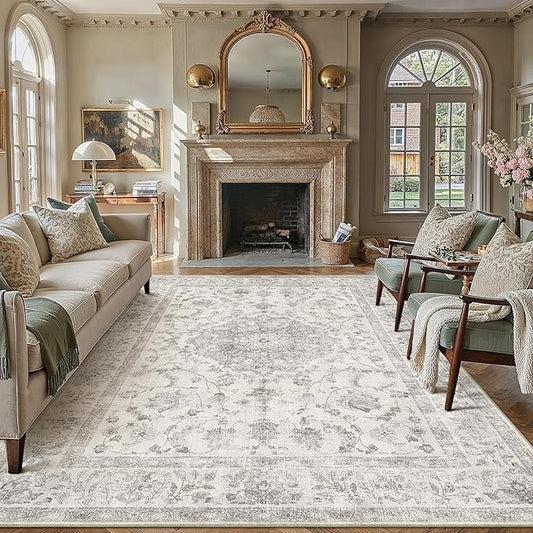 PureCozy 8x10 Area Rug Gray Washable Living Room Vintage Carpet Bedroom Large Non Slip Neutral Oriental Soft Low Pile Soft Thin Dining Room Office Accent Throw Rug