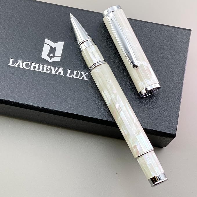 LACHIEVA LUX Elegant Mother of Pearl Rollerball Pen with German Refill, Premium Gift Set for Men, Women & Professionals (Pearl White)