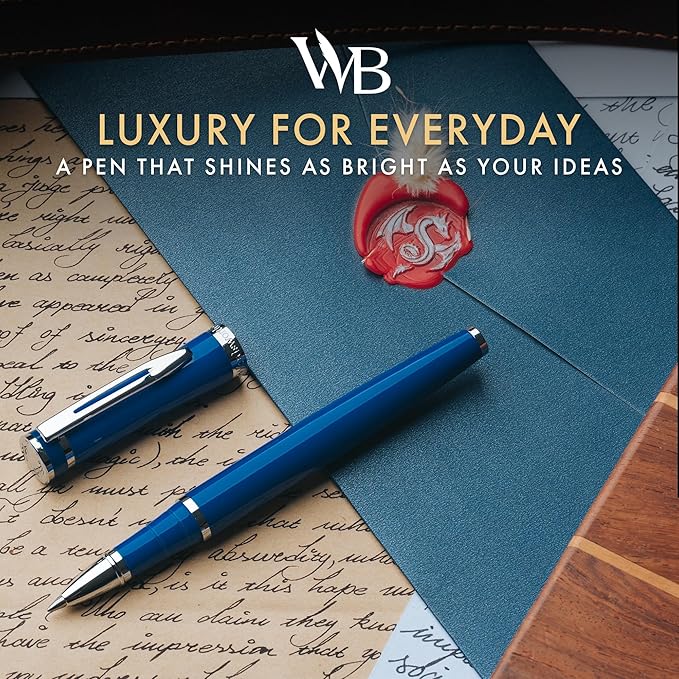 Wordsworth and Black Rollerball Pen - Luxury Pen - Chrome Finish, Blue Lacquer, Ink Refill, Refillable, Gift for Men & Women, Professional Writing, Nice and Fancy Pens and for Work