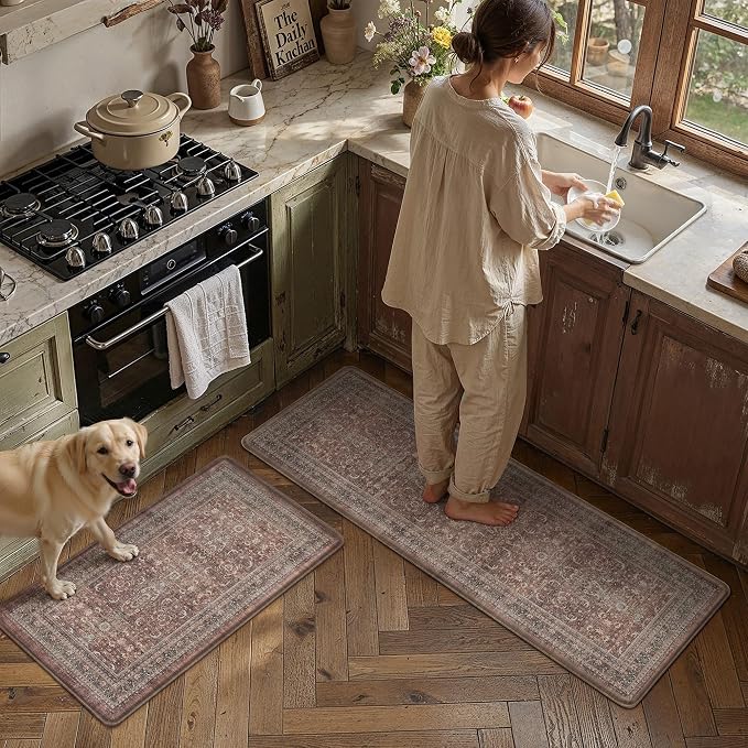 2-Piece Red Vintage Kitchen Mat Set | Wider, Washable, Anti Fatigue, Non Slip, Soft, Vintage, Floral, Distressed, Farmhouse, for Sink Entryway Bathroom Laundry
