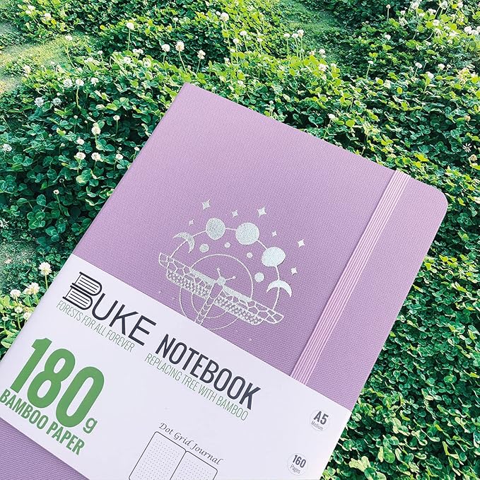 BUKE Dot Grid Notebook Dotted Journal,180Gsm Bamboo White Paper, 5 * 5MM Dots 160 Pages, Lay Flat Binding,Colored Silver Edges, Bookmarks and Expandable Back Pocket