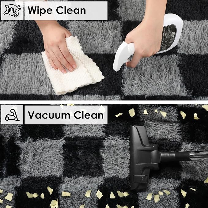 KICMOR Round Rugs 6ft Black and Grey Circle Area Rug, Fluffy Soft Fuzzy Shag Shaggy Bedroom Living Room Carpet, Indoor Checkered Circular Rug for Teen Kids Boys Girls Home Decor Aesthetic, Nursery