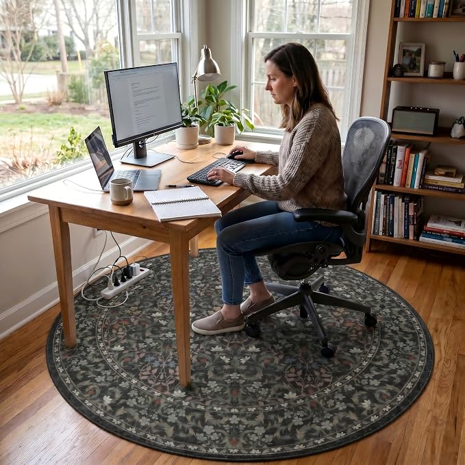 Office Chair Mat for Hardwood Tile Floor, Under Desk Carpet Protector for Rolling Computer Chair Mat, Round Washable Rugs 5ft Circle Area Rug, Anti-Slip 1/5" Thick Low Pile Thin Floor Mat, Moss Green