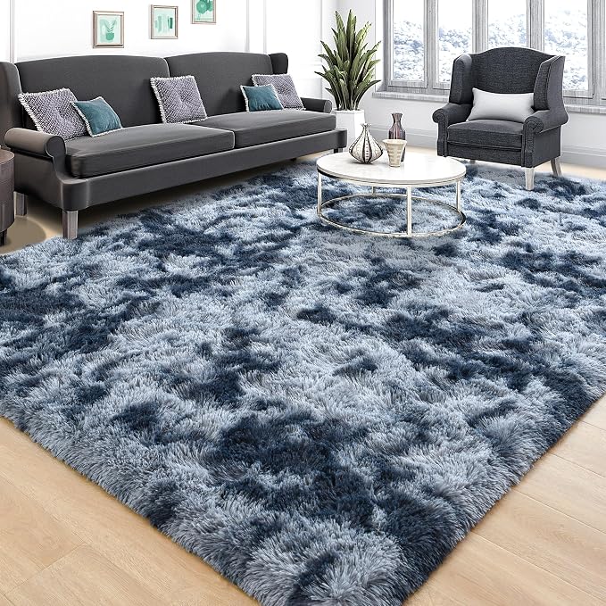 Tepook Area Rugs 9x12 for Living Room, Super Soft Fluffy Rugs for Bedroom, Modern Shaggy Rug Fuzzy Carpets for Kids, Plush Indoor Nursery Home Decor Rug with Non-Slip Bottom, Tie-Dyed Blue and Grey