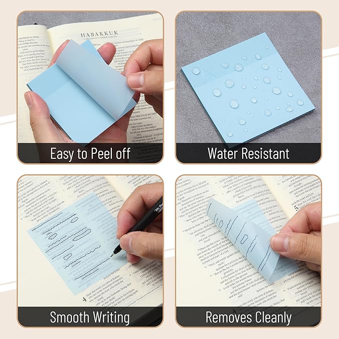Mr. Pen- Transparent Sticky Notes, 3”x3”, Coastal Calm, 12 Pads, 600 Sheets, Bible Journaling Sticky Notes, See Through Sticky Notes, Stocky Notes for Bible Journaling