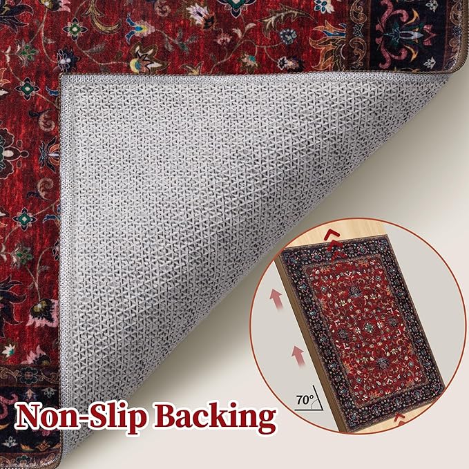 Tangsoo Red 4x6 Washable Area Rug, Vintage Indoor Rugs for Living Room, Non Slip Machine Washable Large Rugs, Soft Print Red Oriental Carpet for Bedroom Dining Room Dorm Office