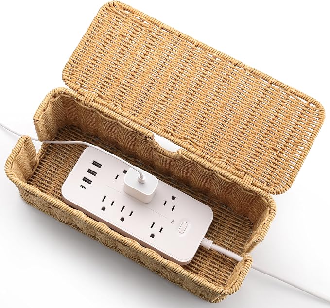 ZhiYo Rattan Cable Management Box, Brown Cord Organizer, 12.5" x 5" x 5.2" | Handwoven imitation rattan cord hider box conceals power strips and cables for a clean desk or floor setup
