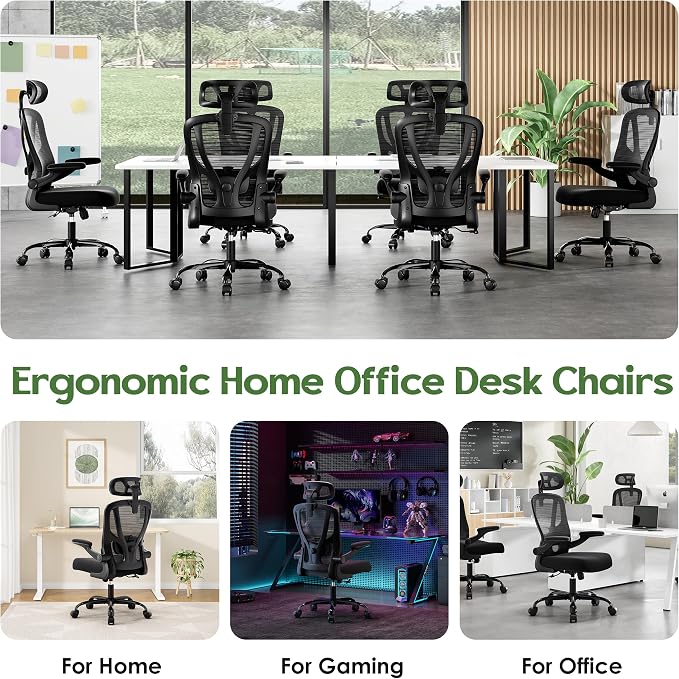 Office Chair Ergonomic Desk Chair - Mesh High Back Office Chair with Headrests Wheels Lumbar Support Home Desk Office Chairs Flip up Armrest Executive Rolling Computer Chair Black 8 Pack