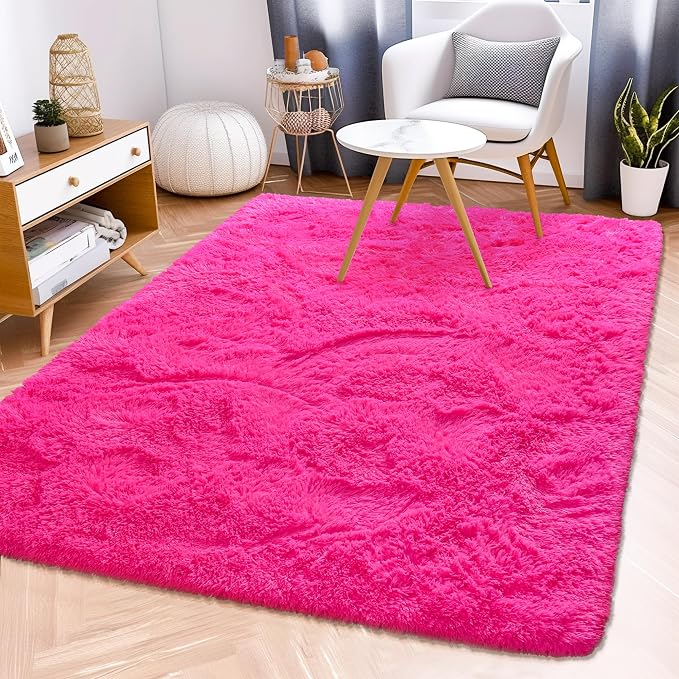 Awaytail Fluffy Rug 2x3 Feet - Preppy Girls Fuzzy Rugs College Dorm - Small Cute Chair Rug Washable for Nursery- Hot Pink